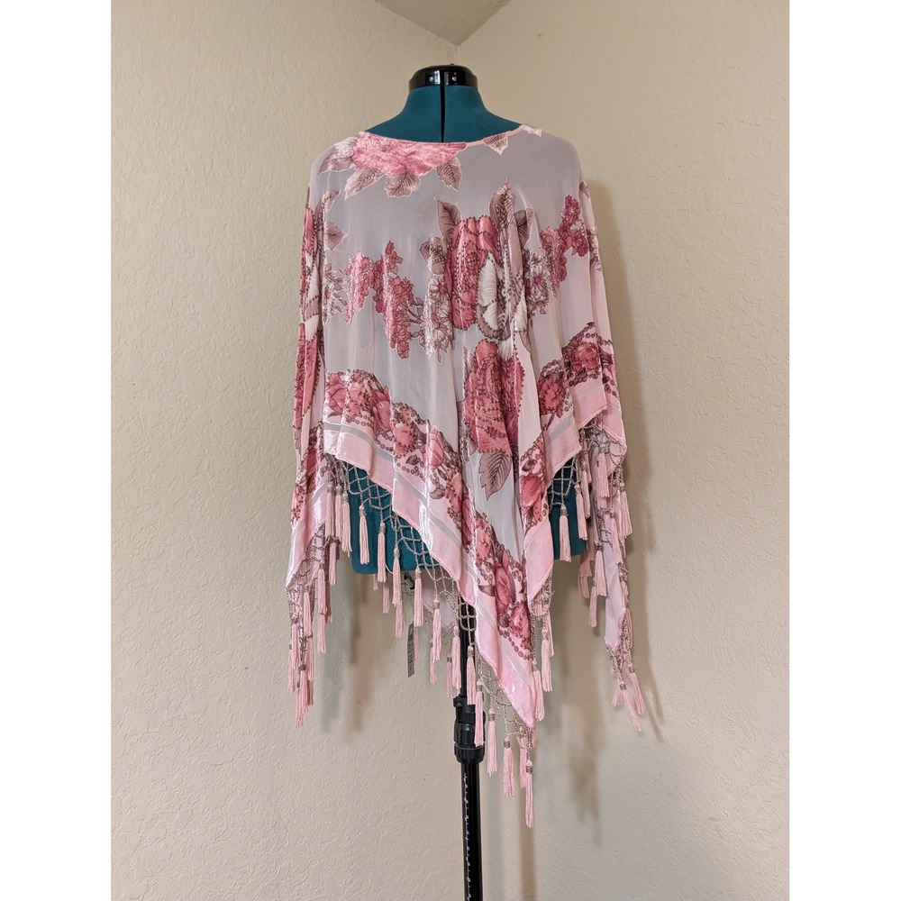 Cache Pink Floral Devore Burnout Velvet Poncho Beaded Tassel Fringe Silk OS NWT - Picture 4 of 7
